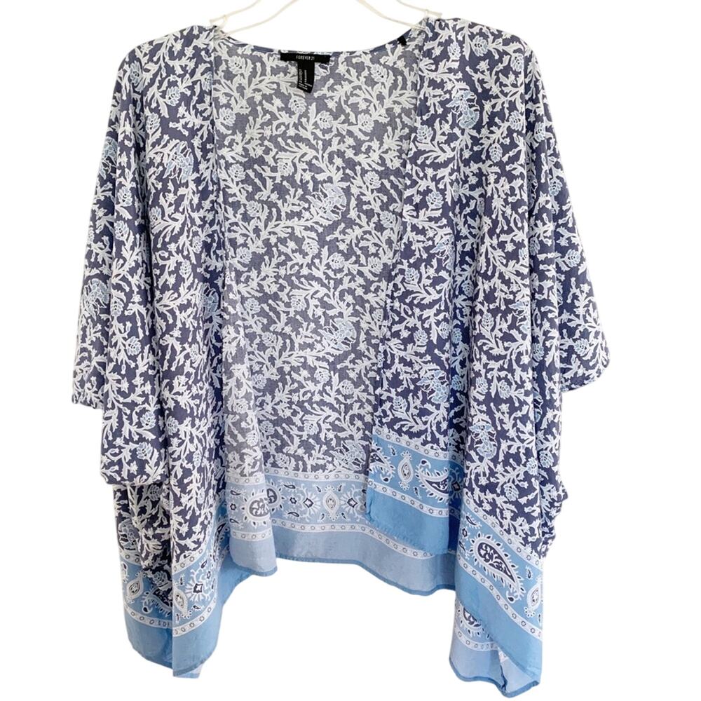 Forever21 Blue Print Bandanna Edge Short Kimono Medium